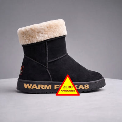 A single black suede sheepskin boot with a thick cream Merino wool-style collar, shown on a light grey studio background. The outsole has gold embossed lettering that runs along the sole with the brand name, a red-and-yellow warning-style 'ZERO APOLOGIES' badge is overlaid on it.