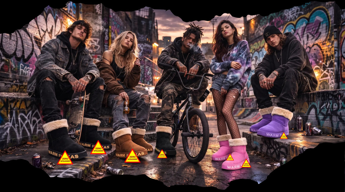 Five people sitting on a bicycle and concrete steps in an urban graffiti setting, wearing colorful winter boots in black, brown, pink, and purple with white wooltrim. Small yellow warning labels over the brand name are placed near their feet.