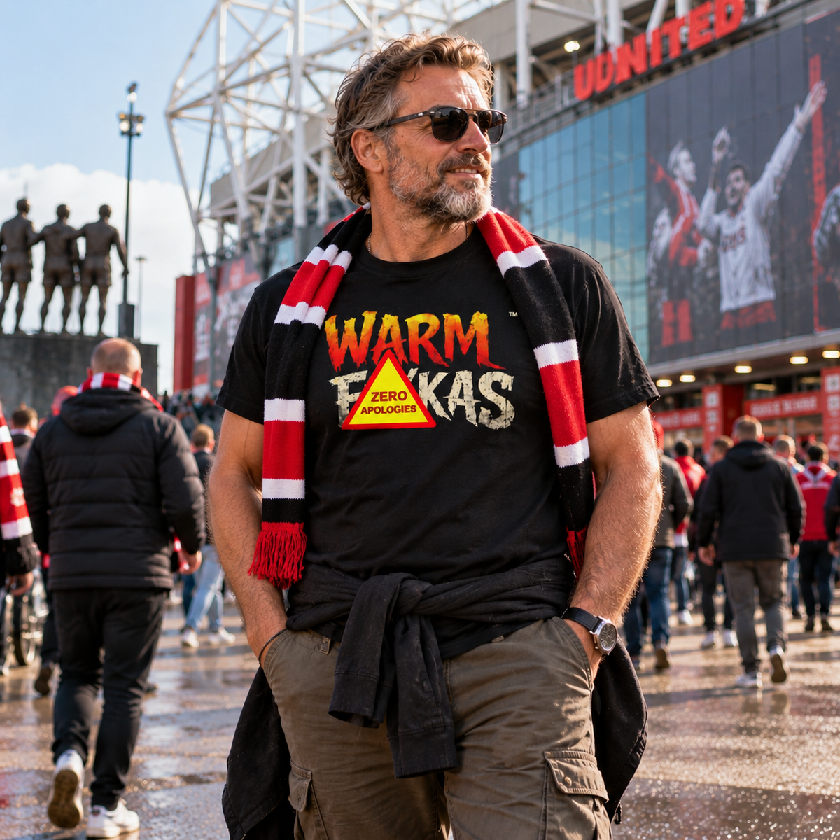 A man wearing a black t-shirt with a graphic branded red, white, and black striped scarf stands outside United Sports Arena, with stadium signage and a crowd in the background.