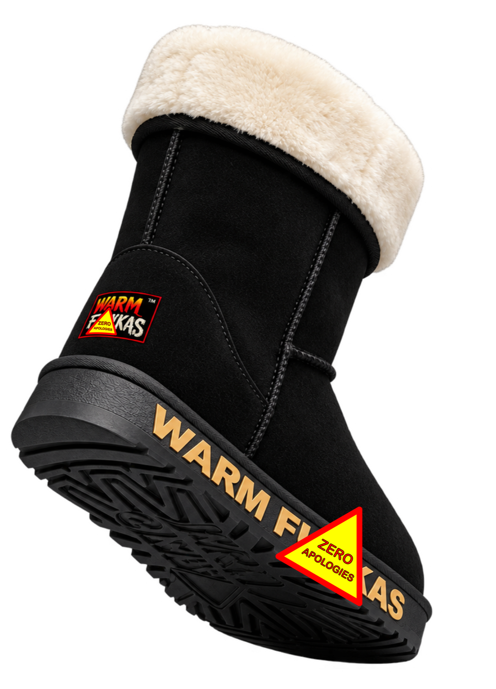 Black sheepskin boot with white Merino wool fur lining and branding