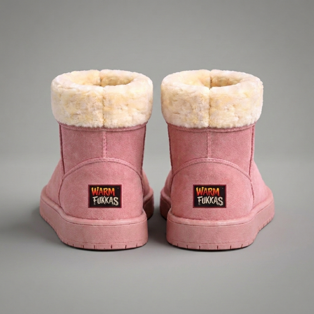 Pair of pink sheepskin boots with white fur lining with a logo label on the heel