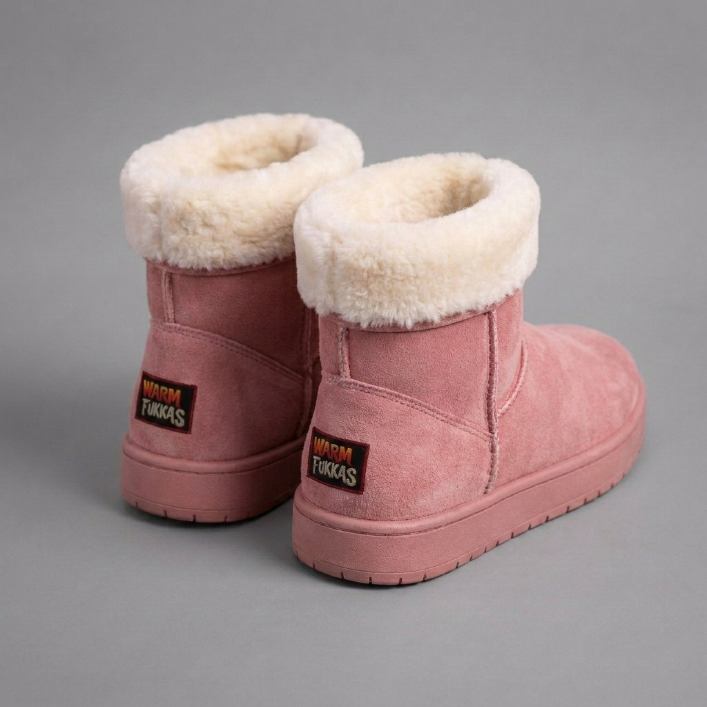 Pair of pink suede sheepskin boots with white merino wool fur lining