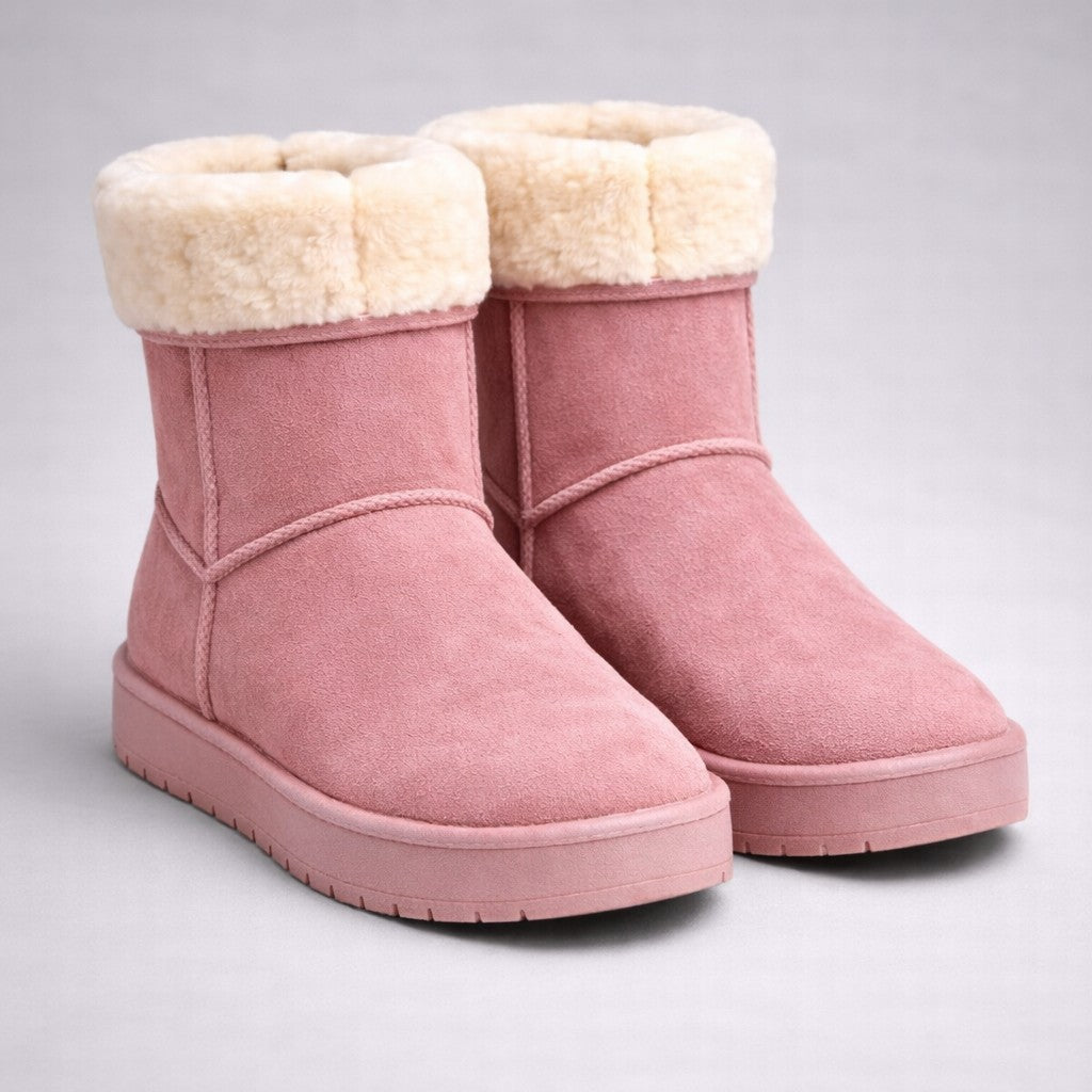 Pair of pink sheepskin winter boots with white merino wool fur lining