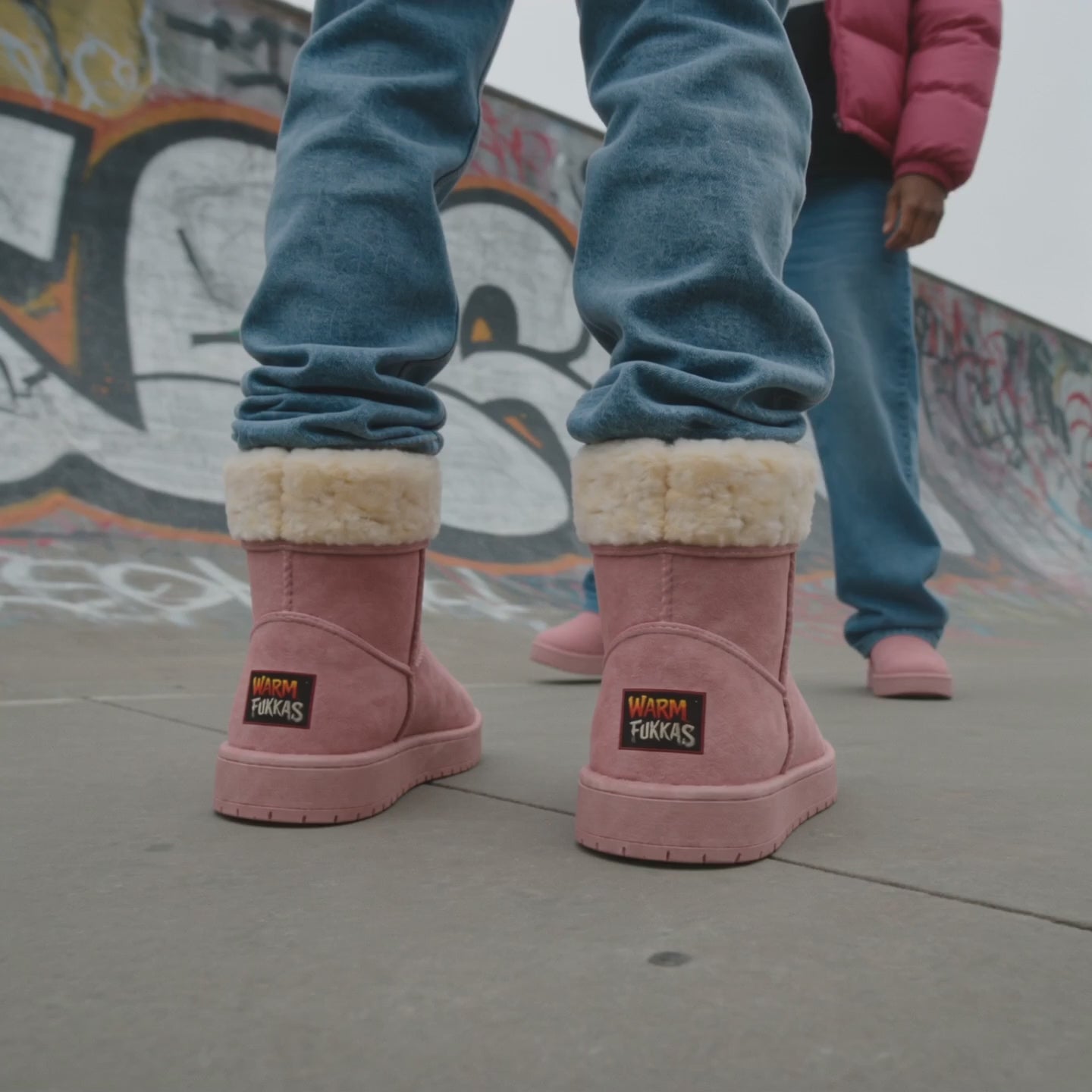 American teenager playing in the street wearing pink sheepskin boots